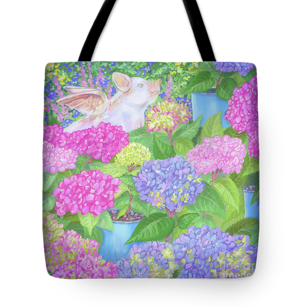 Pig Tote Bag featuring the mixed media When Pigs Fly Garden by Shari Warren