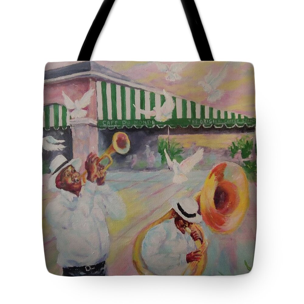 Mardi Gras Tote Bag featuring the painting When the Saints Go Marching In--Cafe Du Monde by ML McCormick