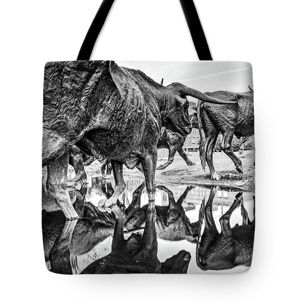 Dallas Skyline Tote Bag featuring the photograph Where The Longhorns Gather - Dallas Texas BW Panorama by Gregory Ballos