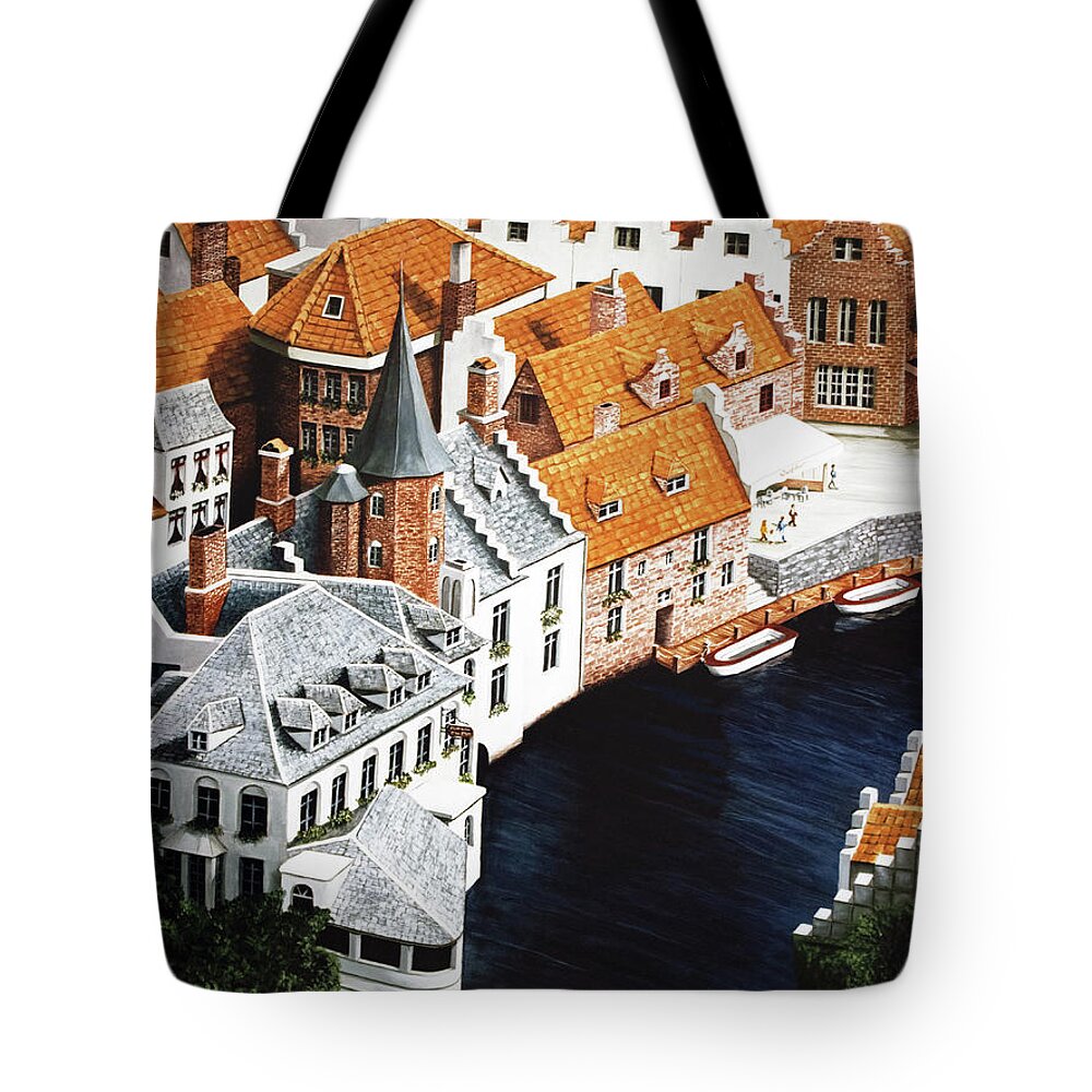 Bruges Tote Bag featuring the painting WHERE THE RIVER BENDS - Prints-Decor-More by Mary Grden