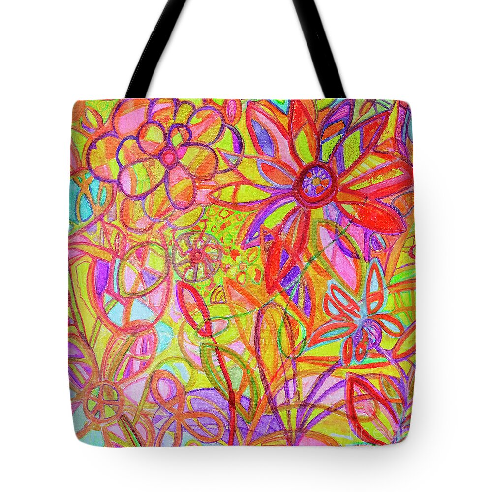 Abstract Nature Tote Bag featuring the digital art Whimsical Flower Garden in Bright Bold Colors by Patricia Awapara