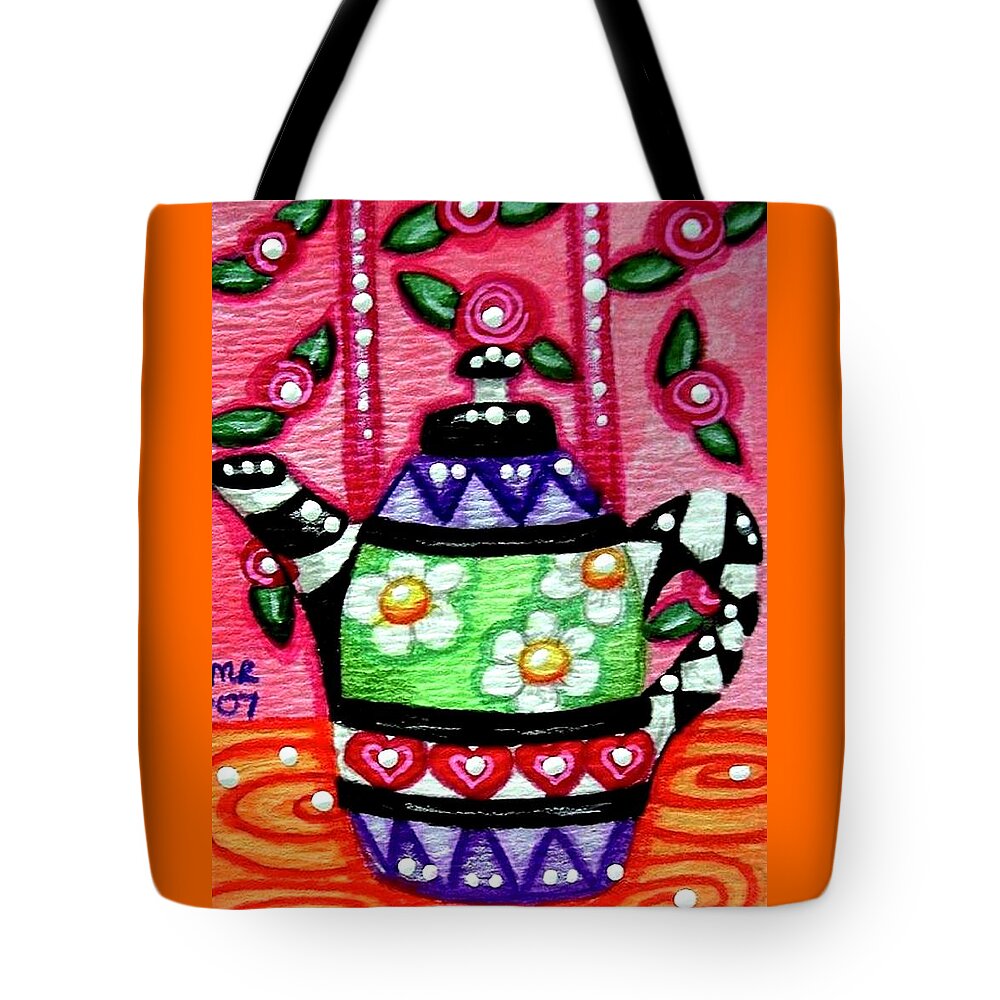 Whimsical Tote Bag featuring the painting Whimsical Teapot with Rose Wallpaper by Monica Resinger