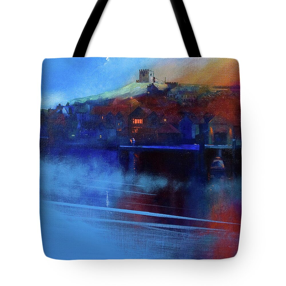 Whitby Tote Bag featuring the painting Whitby Moon and Mist by Neil McBride