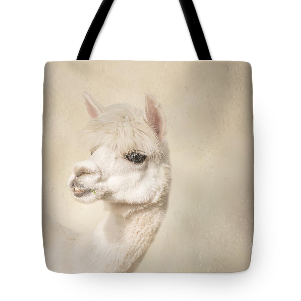 White Alpaca Tote Bag featuring the mixed media White Alpaca by Elisabeth Lucas