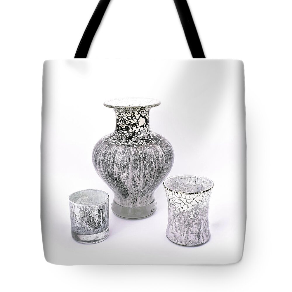White Tote Bag featuring the glass art White and Gray Set of Three by Christopher Schranck