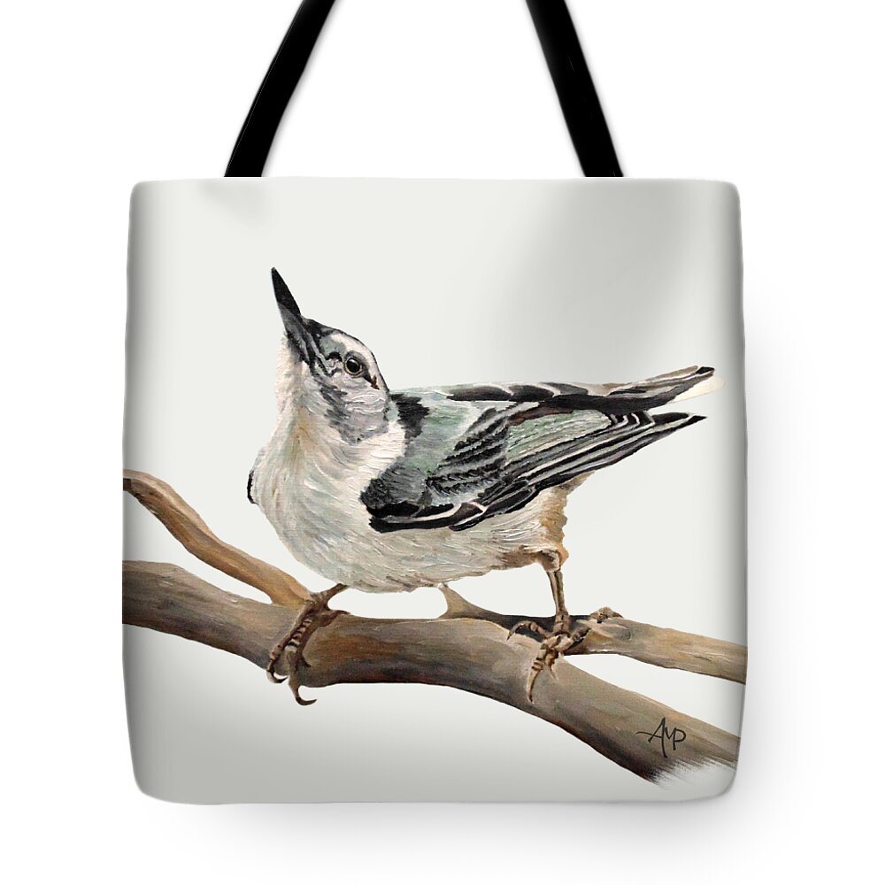White-breasted Nuthatch Tote Bag featuring the painting White-breasted Nuthatch by Angeles M Pomata