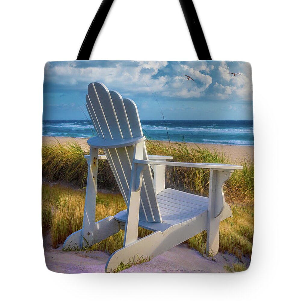 Birds Tote Bag featuring the photograph White Chair in the Dunes by Debra and Dave Vanderlaan