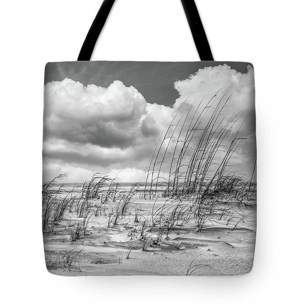 Clouds Tote Bag featuring the photograph White Clouds over White Sands in Black and White by Debra and Dave Vanderlaan