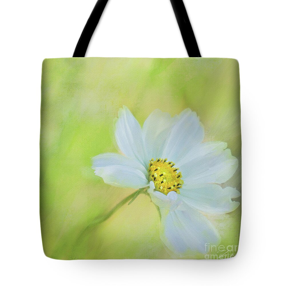 Cosmos Tote Bag featuring the mixed media White Cosmos Dreams I by Shari Warren