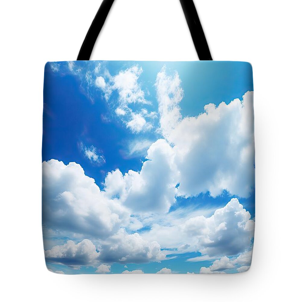 Sky Tote Bag featuring the painting White Fluffy Clouds On Blue Sky In Summer by N Akkash