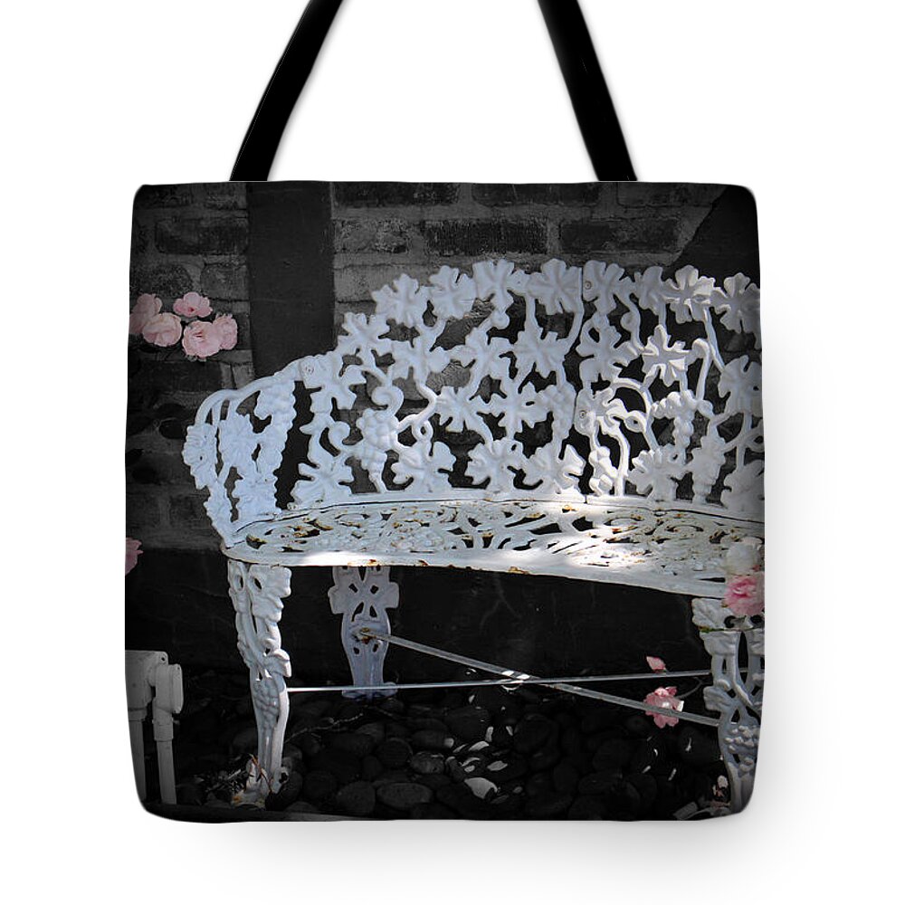 White Garden Bench Tote Bag featuring the photograph White Garden Bench Classic Pink Rose Selective Coloring by Colleen Cornelius