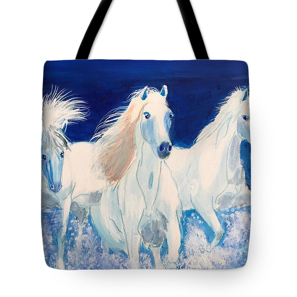 Pets Tote Bag featuring the painting White Horses on Beach by Kathie Camara