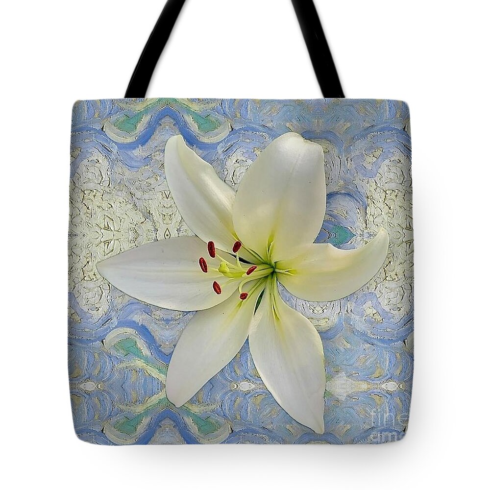 Art Tote Bag featuring the photograph White Lily on Blue by Jeannie Rhode