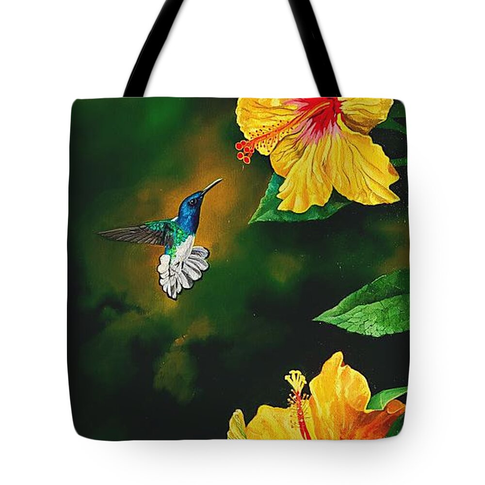 Birds Tote Bag featuring the painting White Necked Jacobin and Yellow Hibiscus by Dana Newman