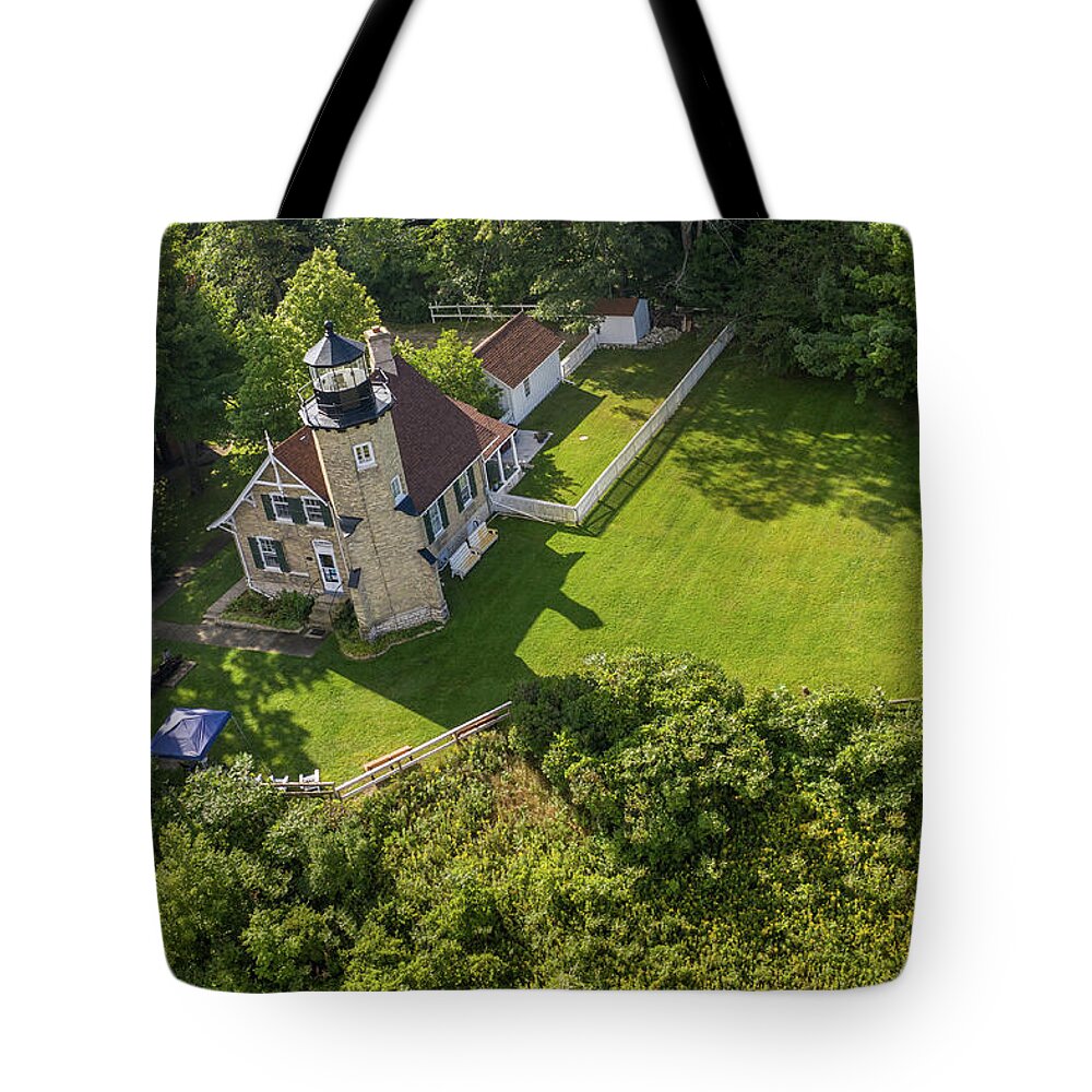 Drone Tote Bag featuring the photograph White River Lighthouse Michigan by John McGraw