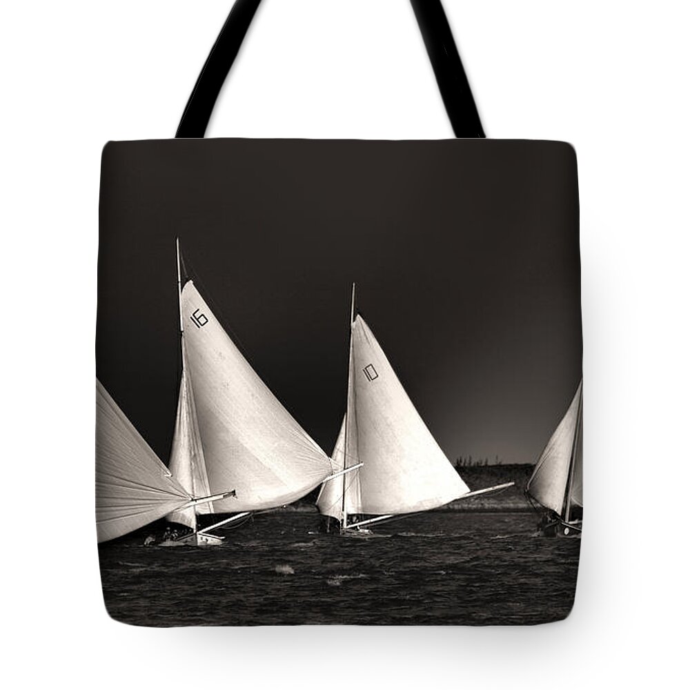 Sailing Tote Bag featuring the photograph White Sails Black and White by Montez Kerr