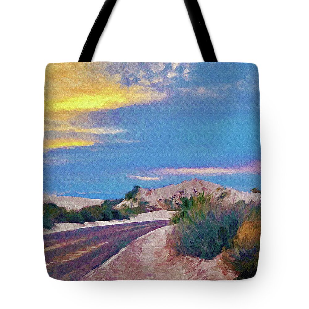 White Sands Tote Bag featuring the mixed media White Sands New Mexico at Dusk Painting by Tatiana Travelways