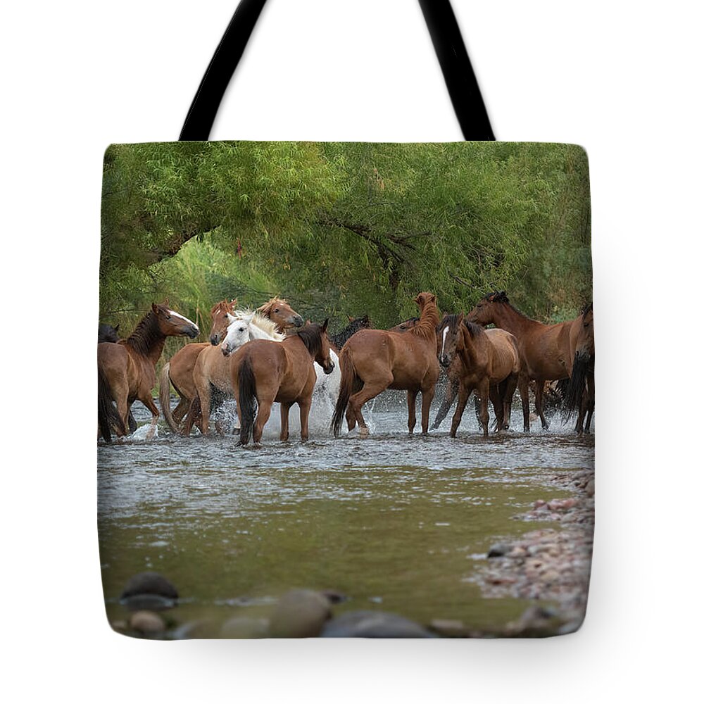 Wild Horses Tote Bag featuring the photograph White Stallion Charging Through by Meg Leaf