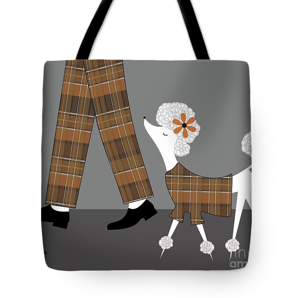 Mid Century Poodle Tote Bag featuring the digital art White Standard Poodle Brown Plaid by Donna Mibus