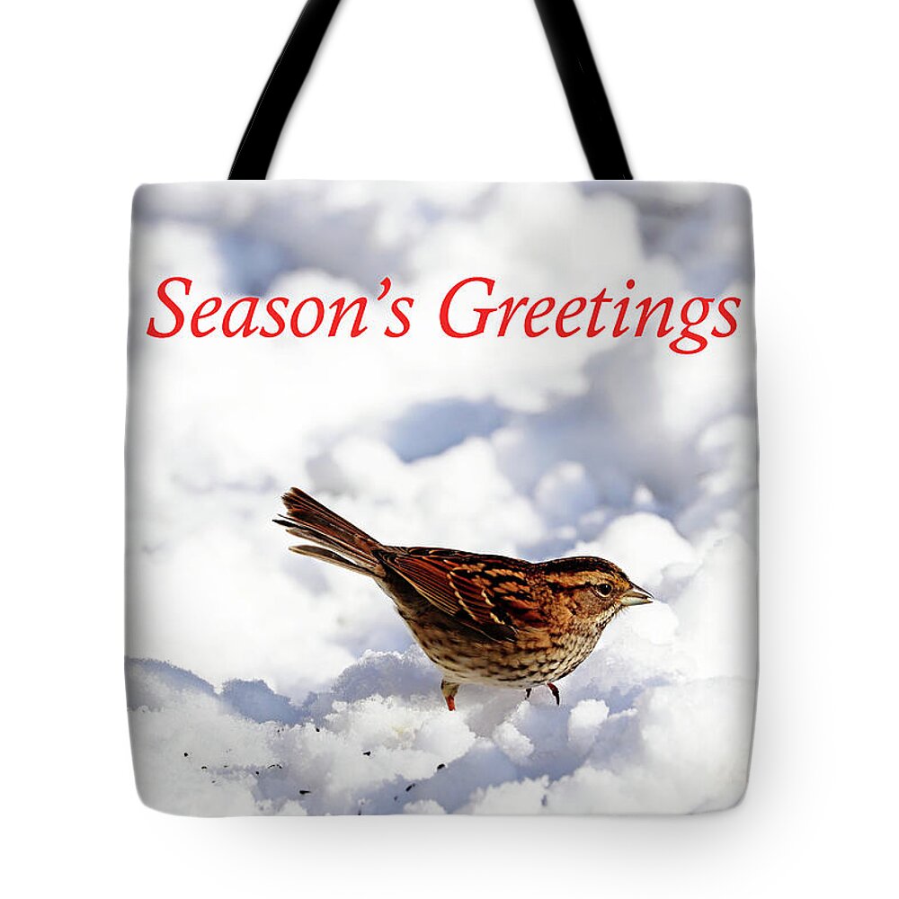 Sparrow Tote Bag featuring the photograph White Throated Sparrow In Snow Season's Greetings by Debbie Oppermann
