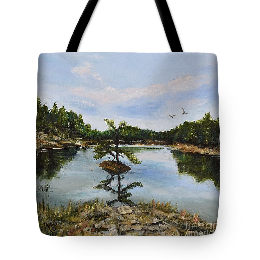 Whitefish Nation Tote Bag featuring the painting Whitefish River-Manitoulin Island by Monika Shepherdson