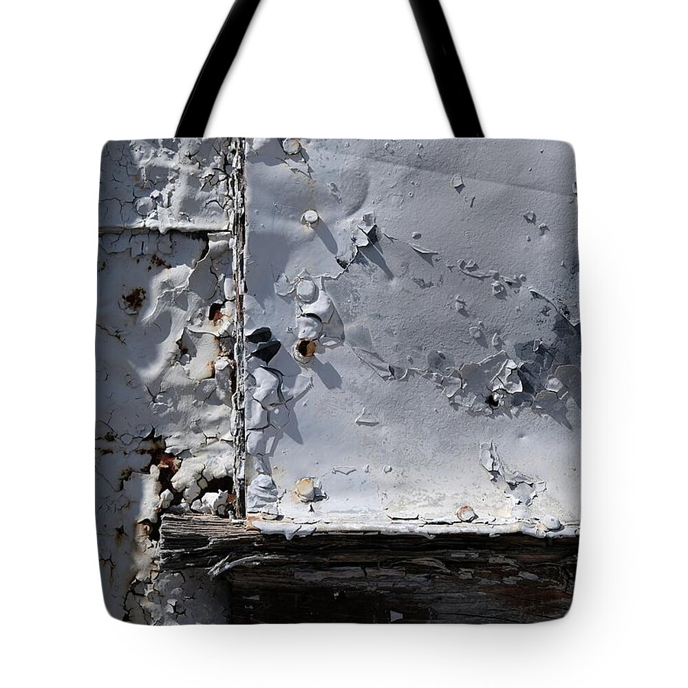 White Tote Bag featuring the photograph whitewash and cracks VIII by Kreddible Trout