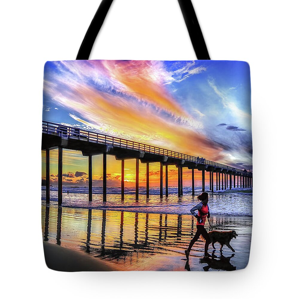 Dog Tote Bag featuring the photograph Whos Walking Whom, Scripps Pier, San Diego, California by Don Schimmel
