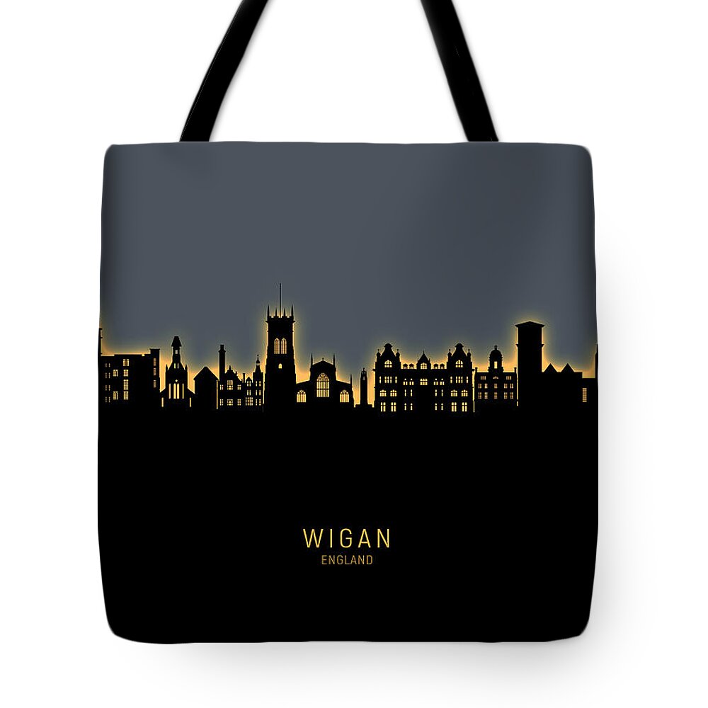 Wigan Tote Bag featuring the digital art Wigan England Skyline #80 by Michael Tompsett
