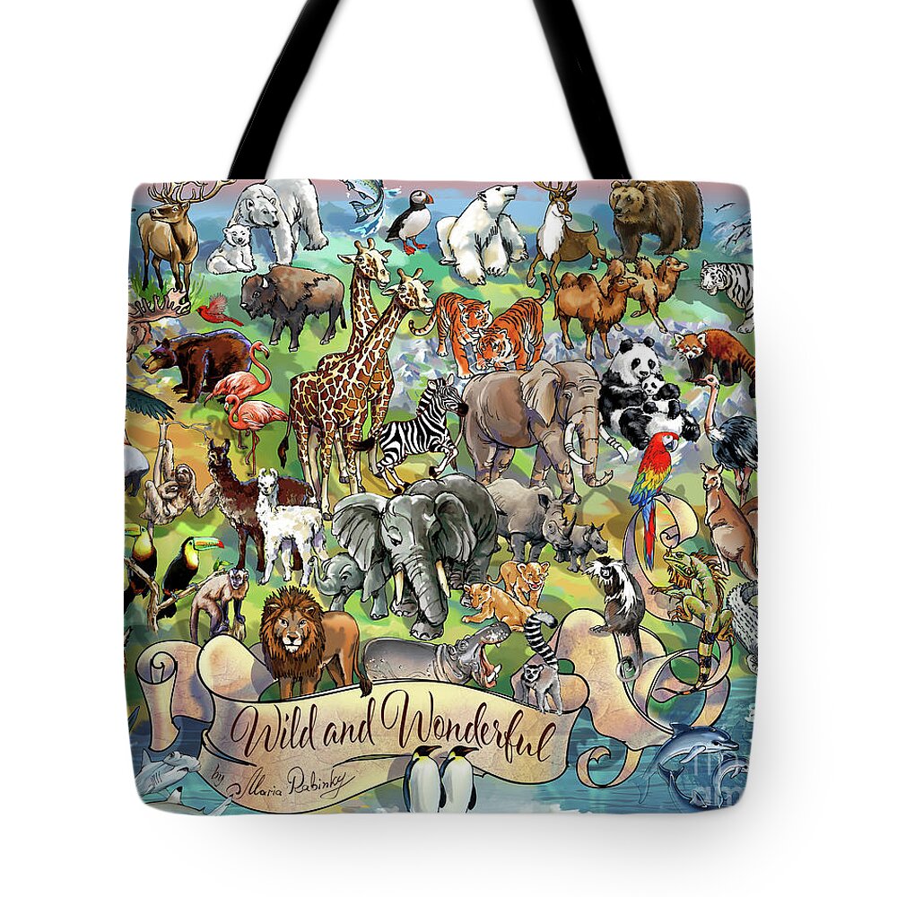 Illustration Tote Bag featuring the digital art Wild and Wonderful Animals of the World by Maria Rabinky