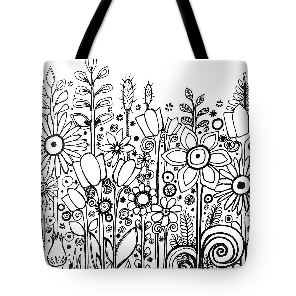 Wild Garden Coloring Page For Printing On Canvas Or Paper. Enjoy! Tote Bag featuring the drawing Wild Garden by Robin Mead