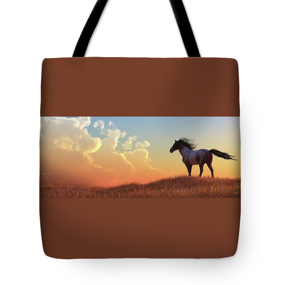 The Horse And The Approaching Storm Tote Bag featuring the digital art Wild Horse and Approaching Storm by Daniel Eskridge