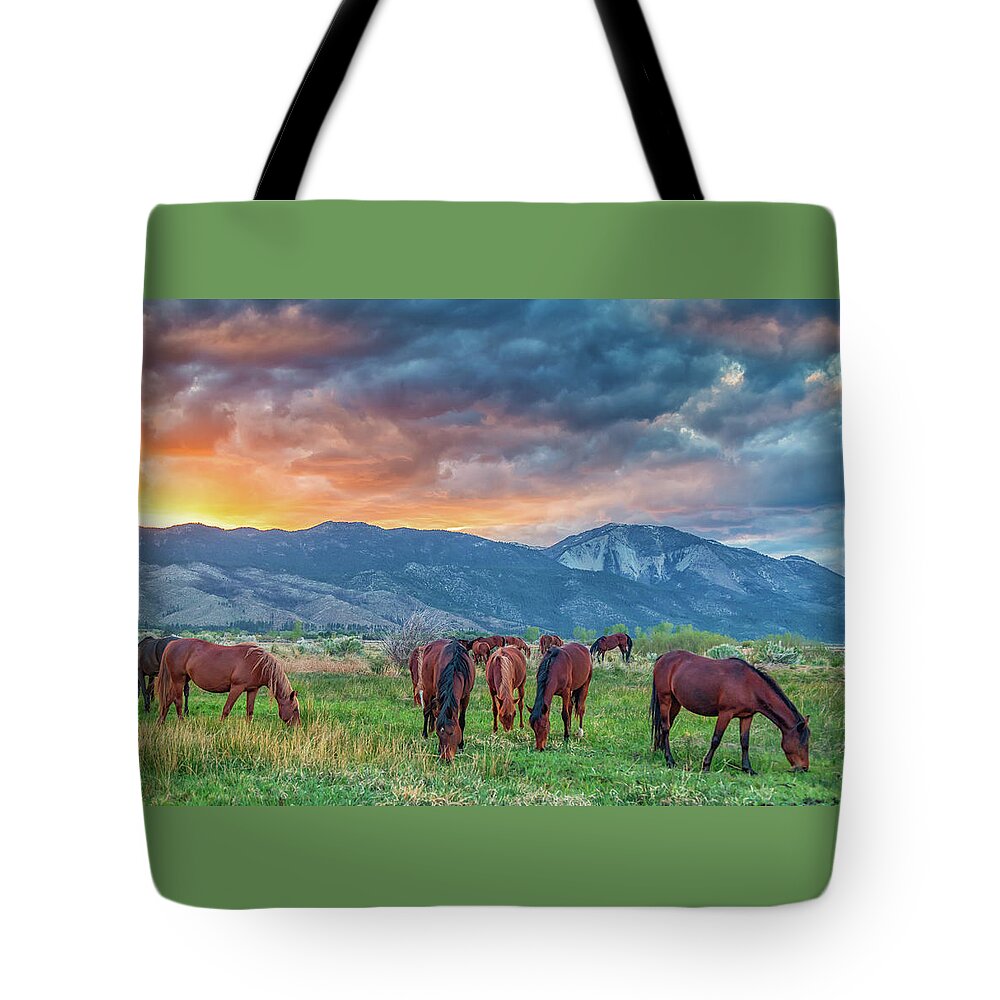 Nevada Tote Bag featuring the photograph Wild Horses at Sunset by Marc Crumpler