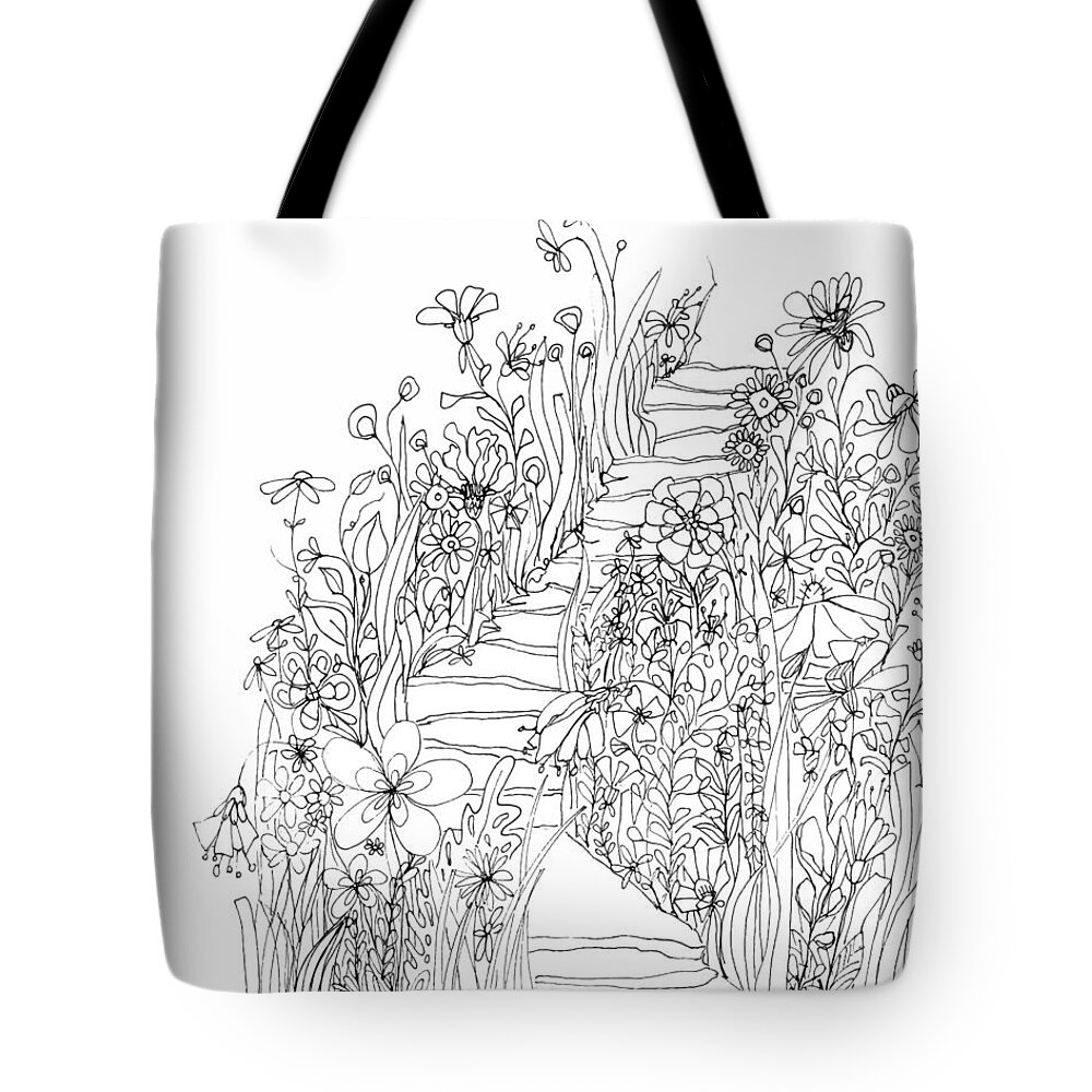 Wildflowers Stairs. Ink Drawing Art Tote Bag featuring the drawing Wildflowers Stairs - Ink Drawing Art by Patricia Awapara