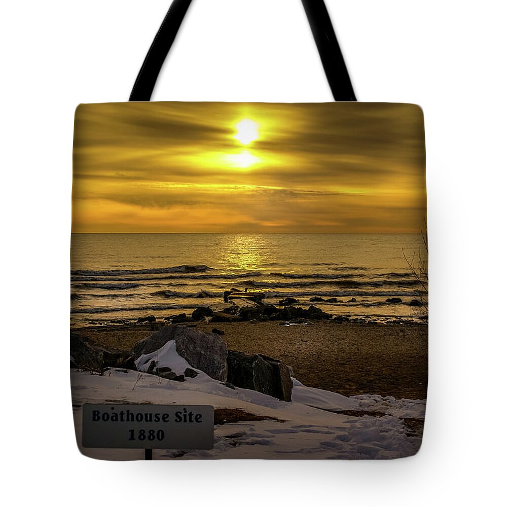 1880 Boathouse Site Tote Bag featuring the photograph Wind Point Boathouse Site by Deb Beausoleil