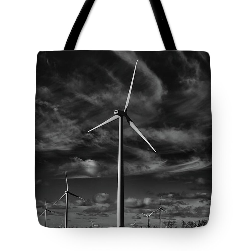 Sustainable Tote Bag featuring the photograph Wind Turbines #moody #blackwhite by Andrea Anderegg