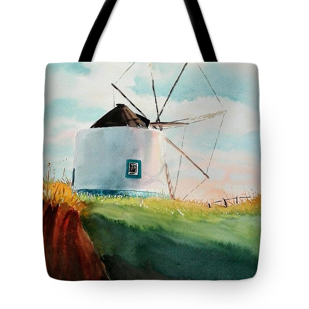 Windmill Tote Bag featuring the painting Windmill Odeceixe by Sandie Croft