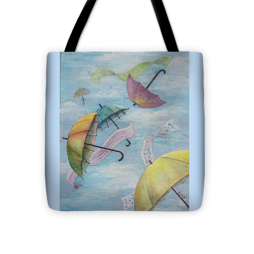 Umbrells Tote Bag featuring the mixed media Windy Day by Sandy Clift