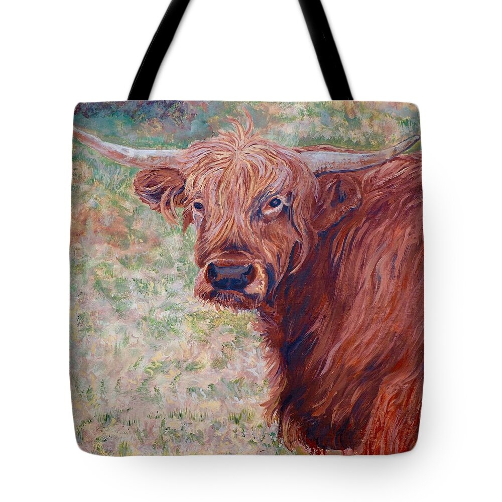 Cow Tote Bag featuring the painting Wink by Tom Roderick