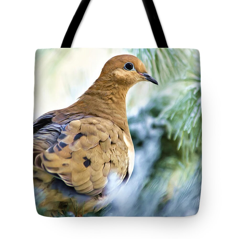 Dove Tote Bag featuring the mixed media Winter Bird Mourning Dove by Christina Rollo