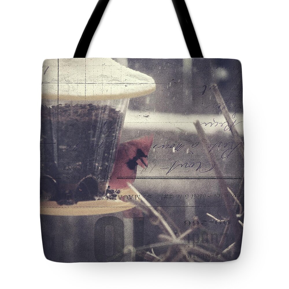 Winter Storm Tote Bag featuring the photograph Winter Birds at the Feeder by Toni Hopper