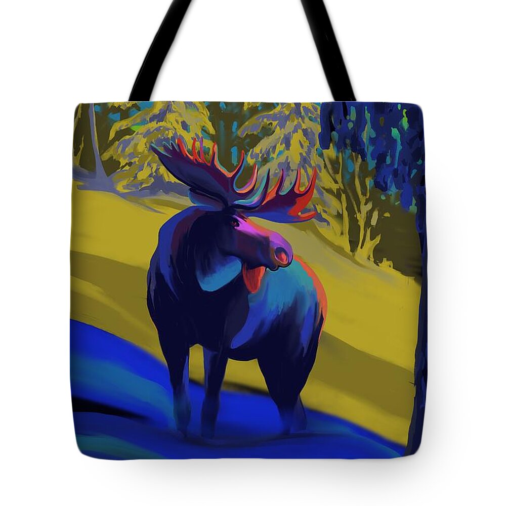 Moose Art Tote Bag featuring the painting Winter blue moose by Sassan Filsoof