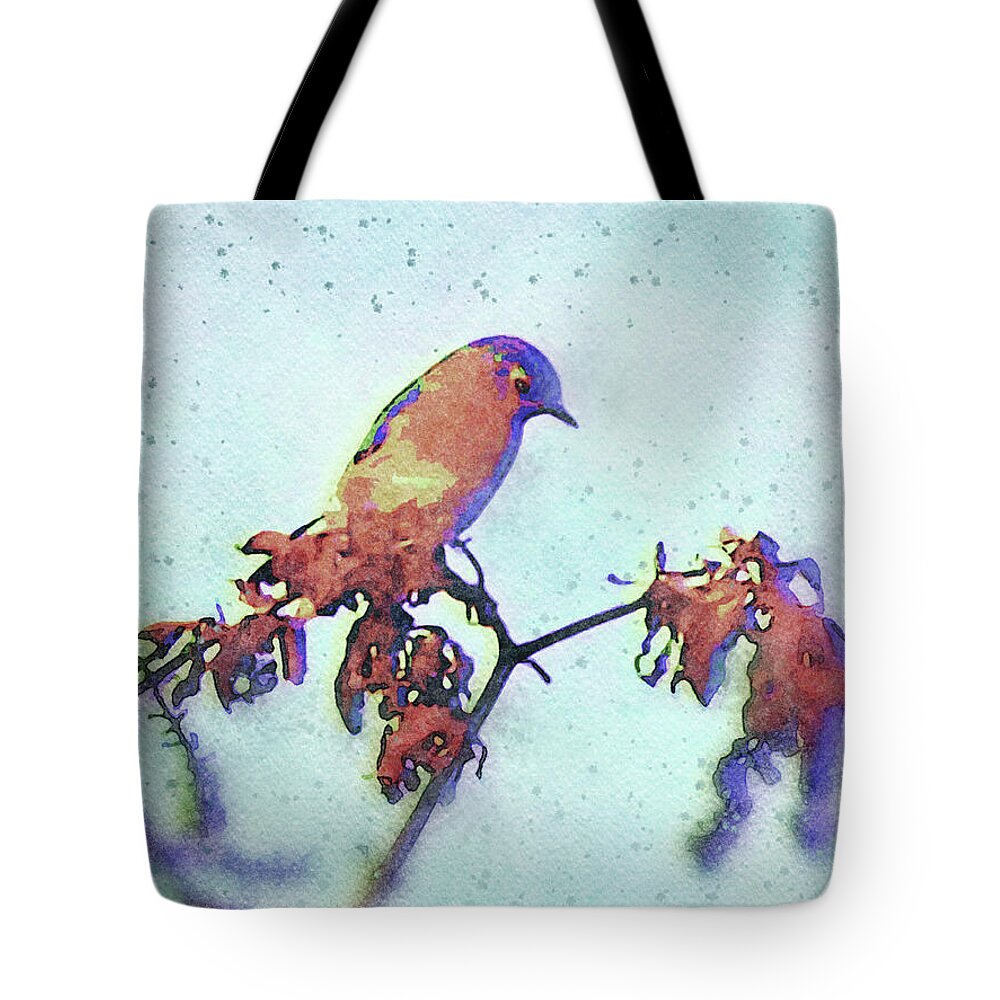 Bluebird Tote Bag featuring the mixed media Winter Bluebird on a Branch by Shelli Fitzpatrick