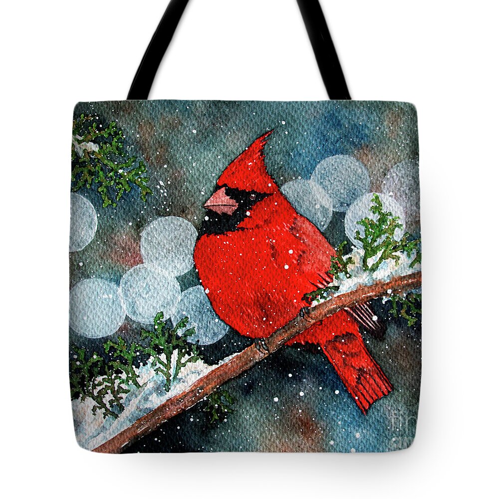 Winter Tote Bag featuring the painting Winter Cardinal by Rebecca Davis