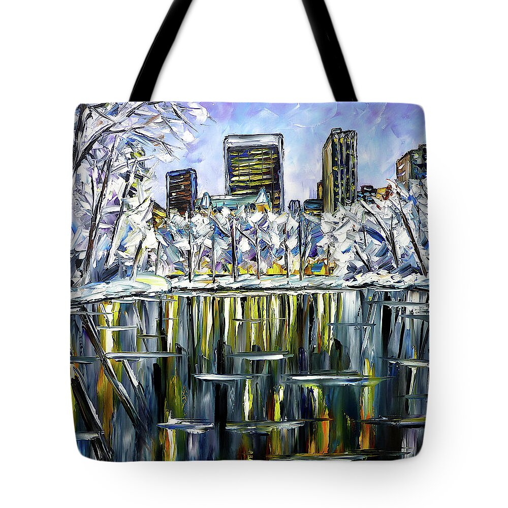 New York In Winter Tote Bag featuring the painting Winter In Central Park by Mirek Kuzniar