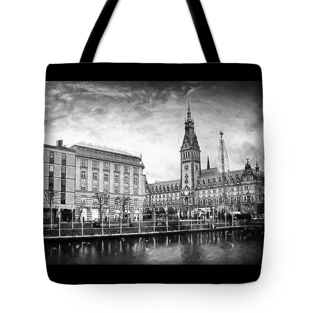 Hamburg Tote Bag featuring the photograph Winter in Hamburg Germany Black and White by Carol Japp