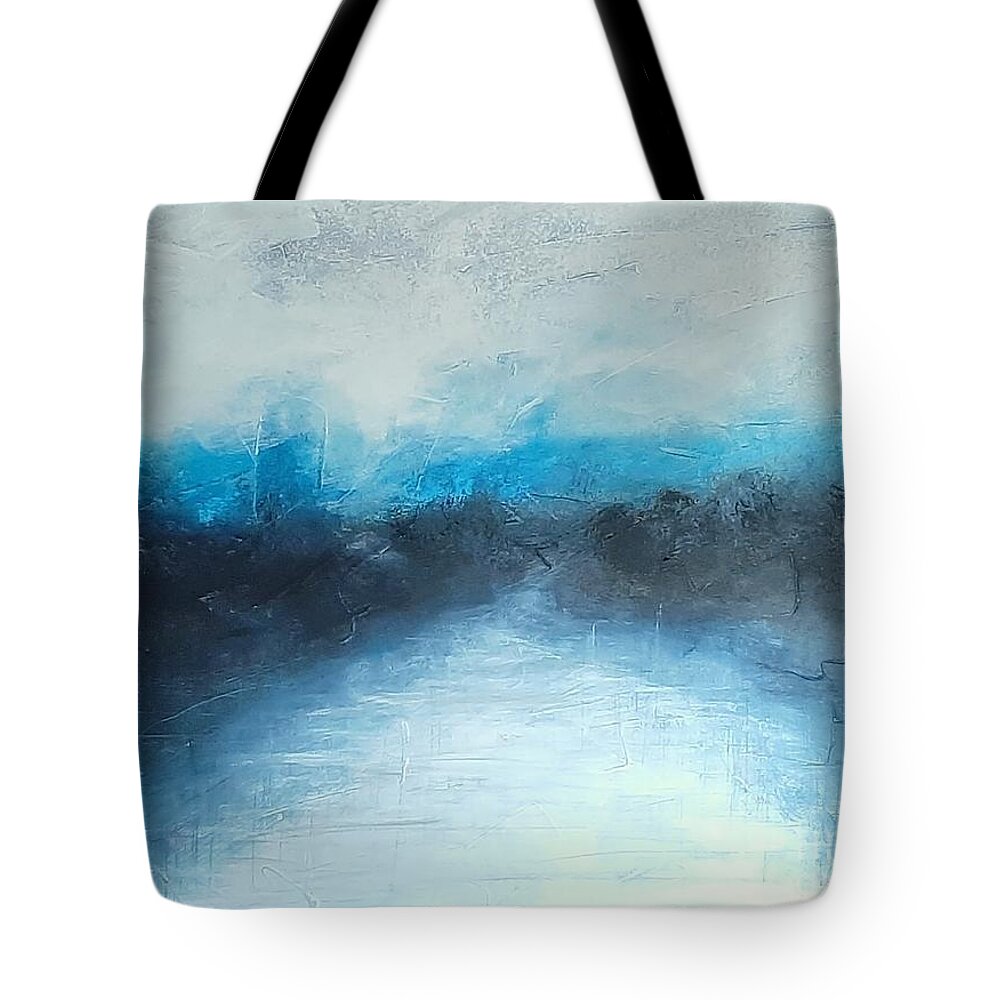 Water Trees Mountains Blue White Grey Black Indigo Abstract Landscape Seascape Impressionistic Tote Bag featuring the painting Winter Inlet by Ida Eriksen