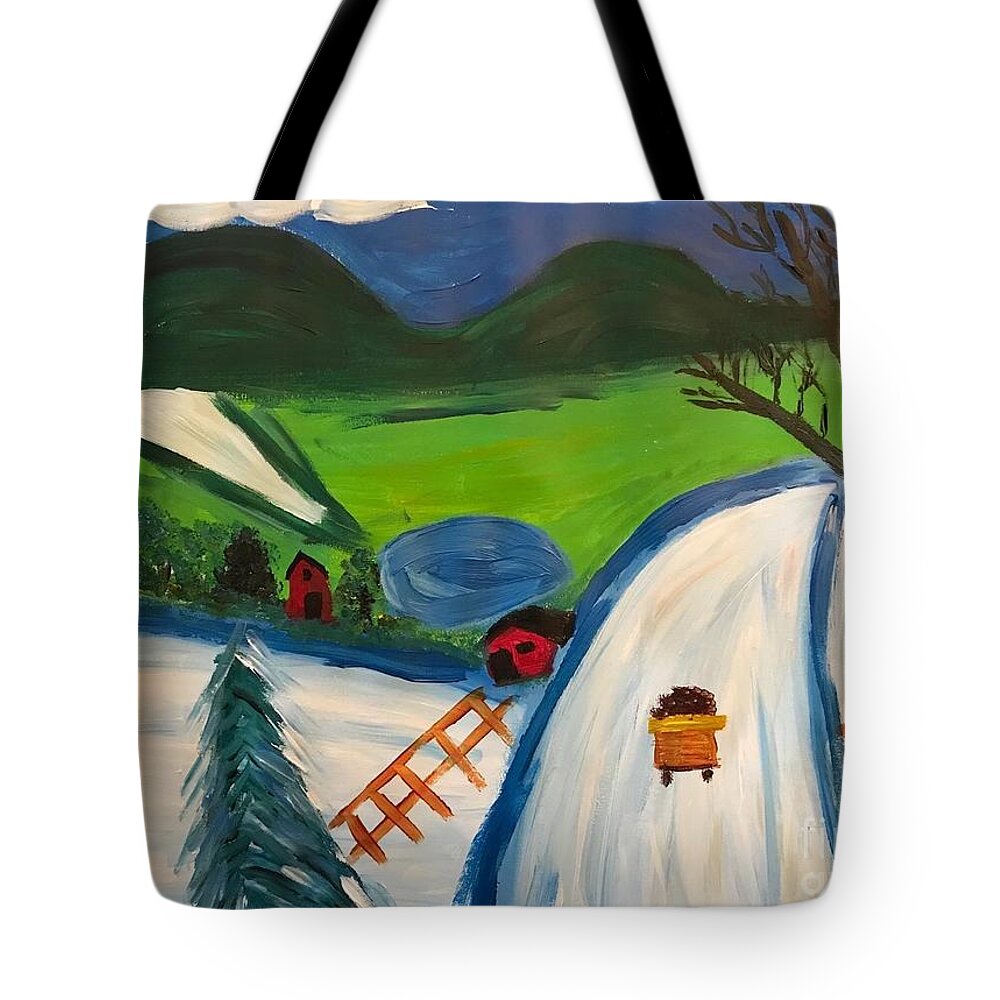 Folksy Winter Scene Green Mountains Blue Sky Tote Bag featuring the painting Winter is Coming by Nina Jatania