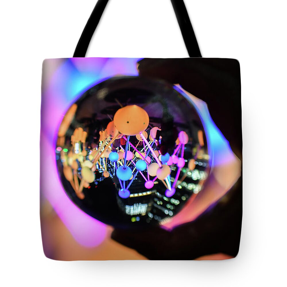 Glass Ball Tote Bag featuring the photograph Winter lights globe by Andrew Lalchan
