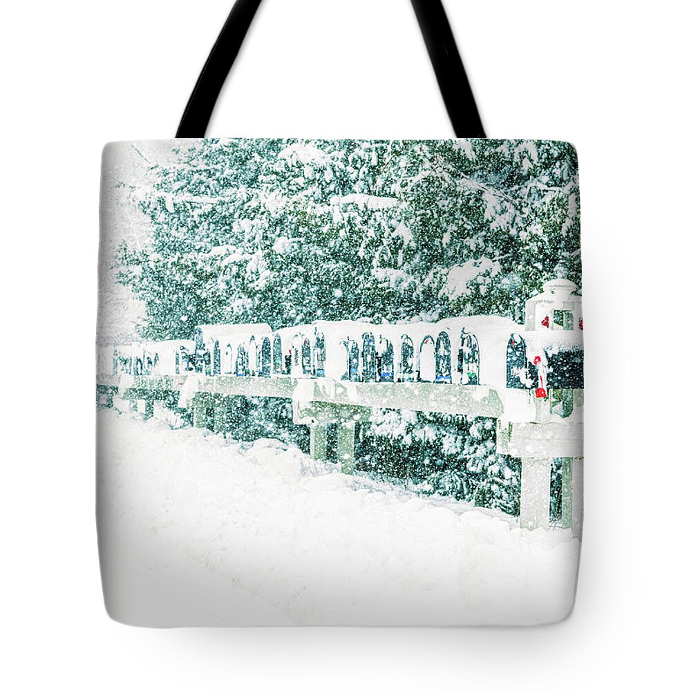 Mailbox Tote Bag featuring the photograph Winter Mailboxes by Sheen Watkins