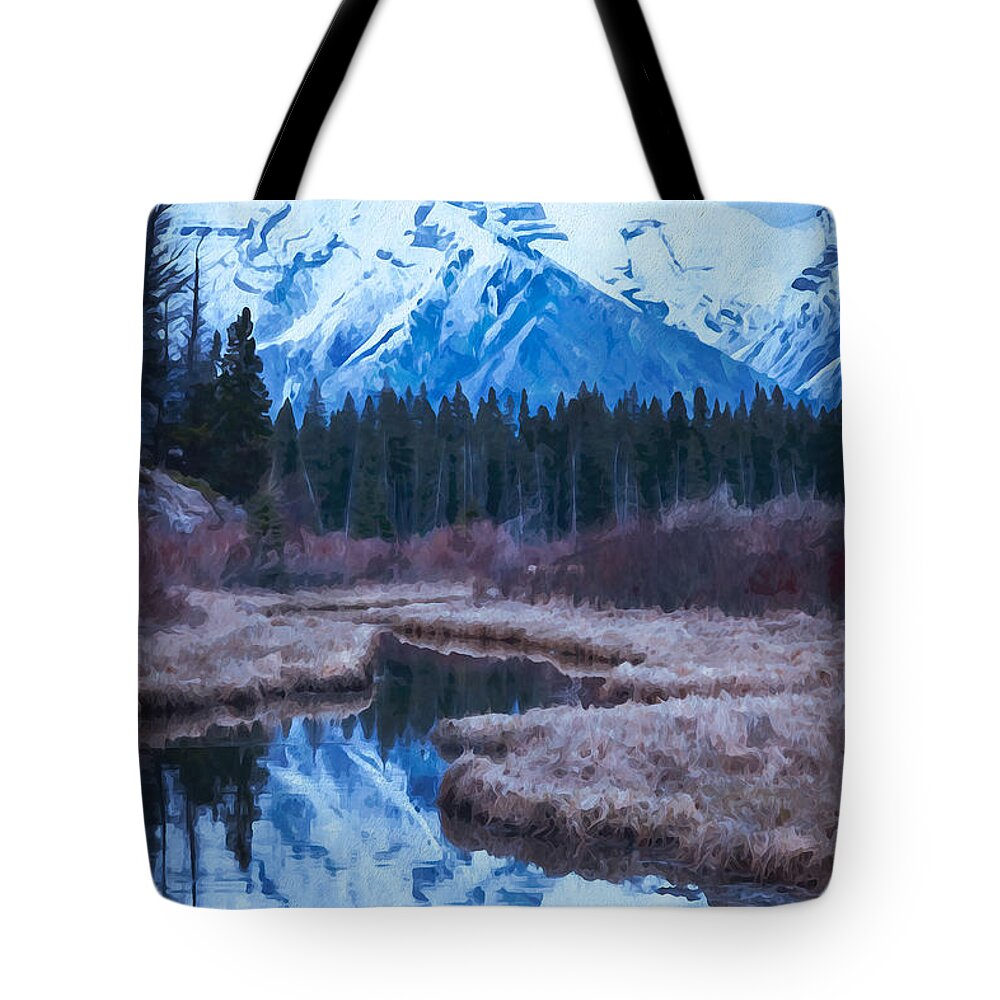 Mountain Tote Bag featuring the digital art Watercolor Mountain Vermillion Lakes by Naomi Maya